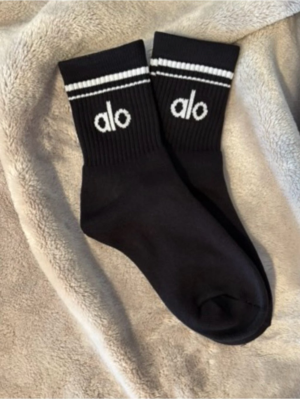 ALO Yoga Black Crew Socks with White Logo & Stripe
